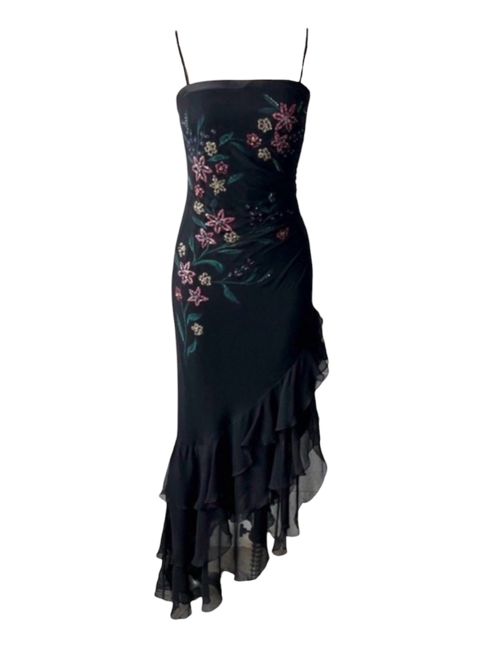 Vintage Y2K Niki Black Silk Floral Asymmetrical Fairy Midi Dress